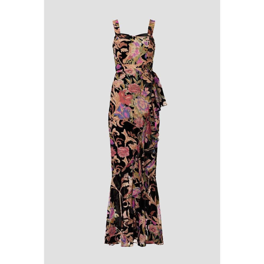 Dress the Population Black Floral Velvet Midi Dress with Pink and Gold Accents - Picture 5 of 16